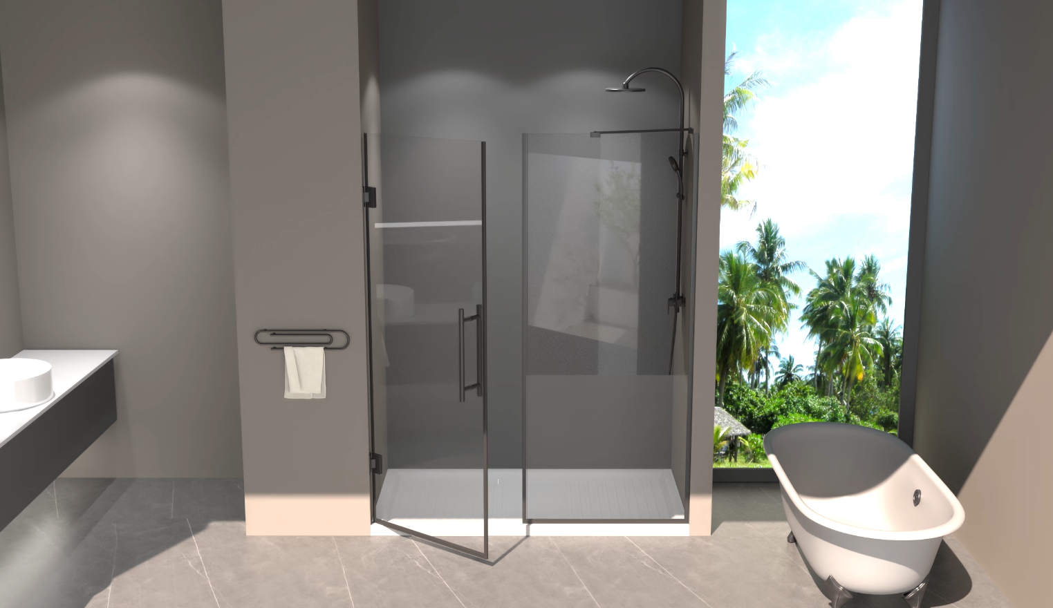 Load video: Gemini-W Semi-Frameless Pivot Glass Shower Door