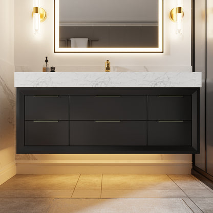 Glam 48 Inch Bathroom Vanity with Top - Modern Floating Black Rubberwood Cabinet with Lights and Stone Slab Countertop, Single Sink