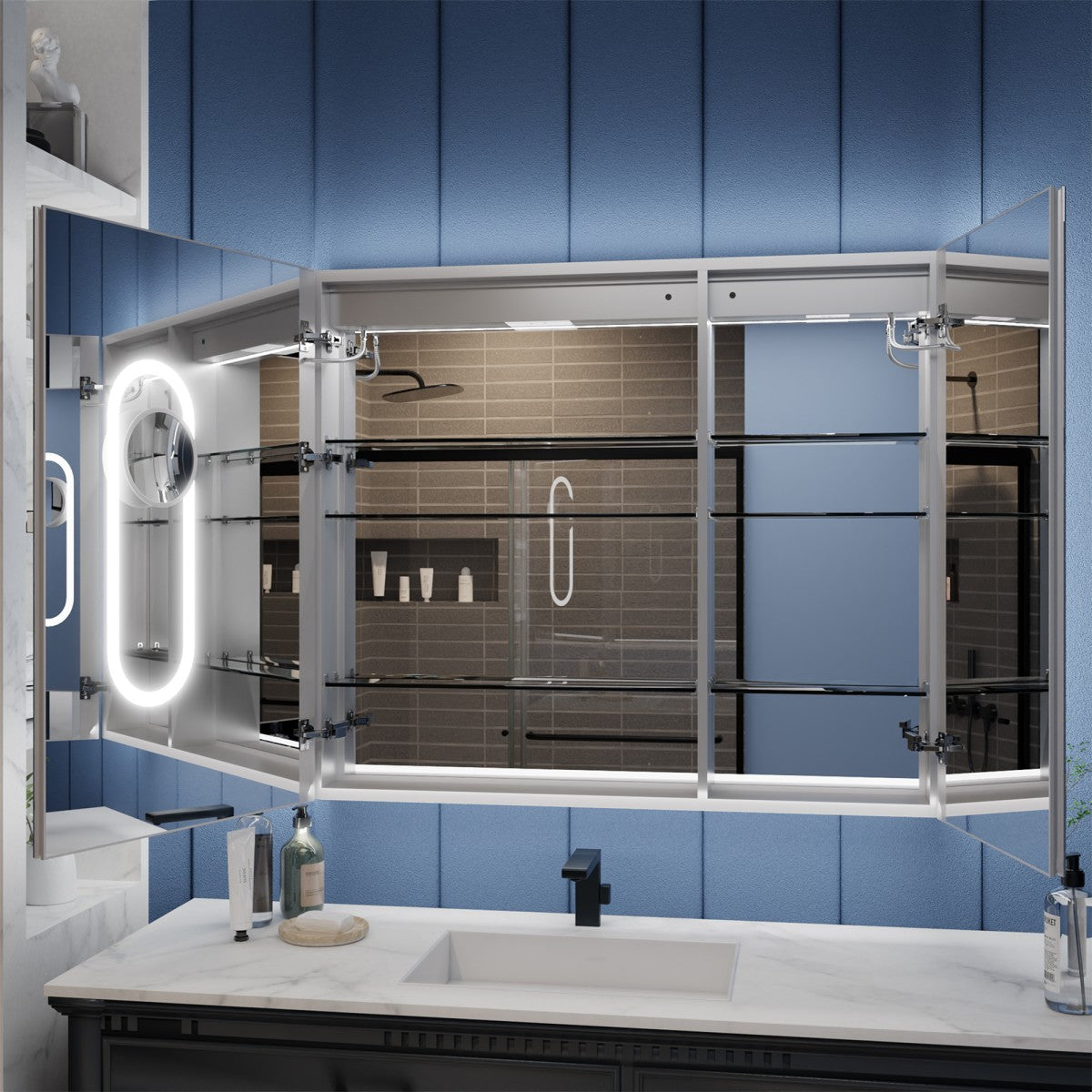 Illusion-B 42" x 36" LED Lighted Inset Mirrored Medicine Cabinet with Magnifiers Front and Back Light