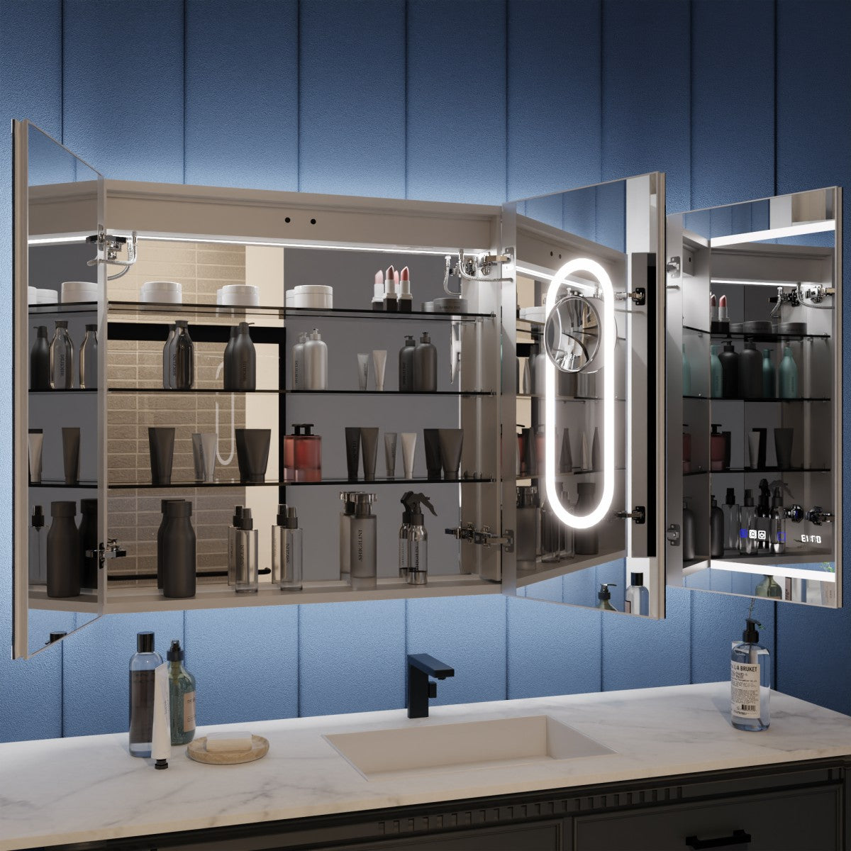 Illusion 48 x 32 inch LED medicine cabinet with open mirrored storage and outlet
