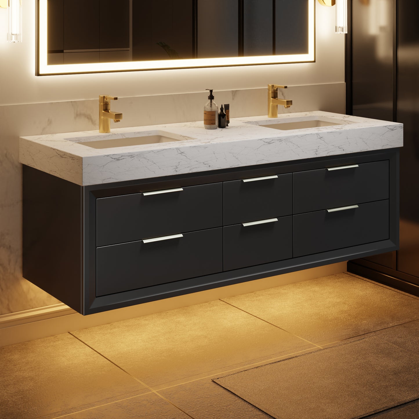 Glam 60" Black Floating Vanity 60 Modern Rubberwood Bathroom Cabinet with Lights and Stone Slab Countertop, Dual Sinks