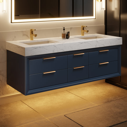 Glam 60" Modern Floating Rubberwood Bathroom Vanity Cabinet with Lights and Stone Slab Countertop in Blue