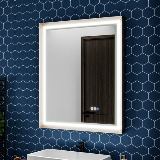 30" W x 36" H Framed Lighted Bathroom  Mirror,Dimmable,Anti Fog,Front-Lit Illumination,Brushed Nickel  | Verloar