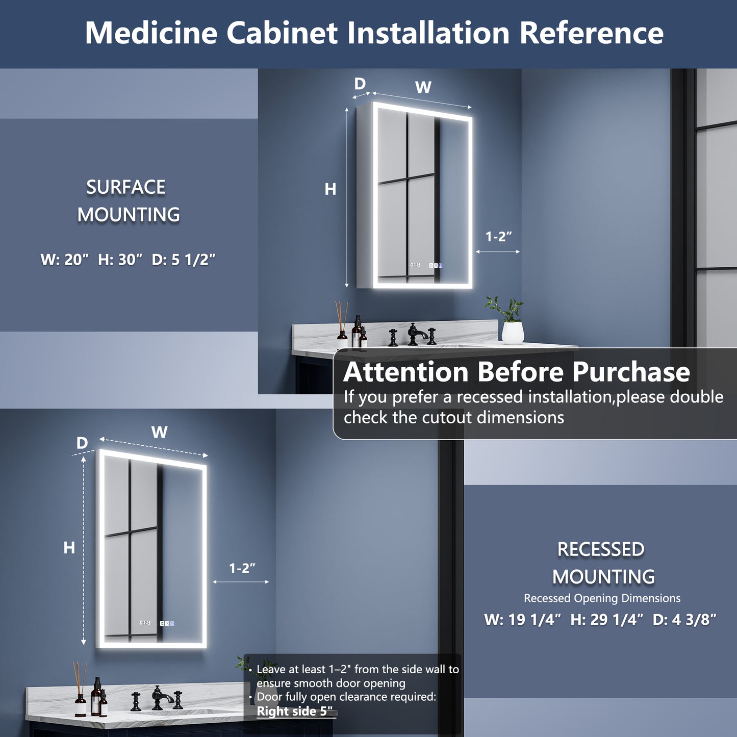Rim 20" W x 30" H Lighted Medicine Cabinet Recessed or Surface LED Medicine Cabinet with Outlets & USBs,Hinge on the left
