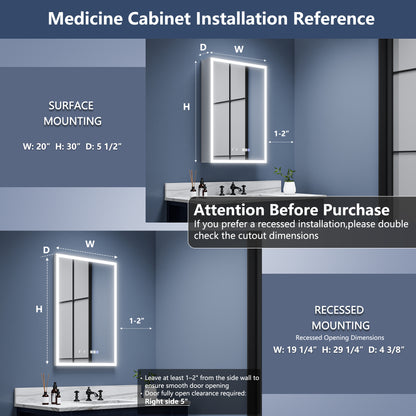 Rim 20" W x 30" H Lighted Medicine Cabinet Recessed or Surface LED Medicine Cabinet with Outlets & USBs,Hinge on the left