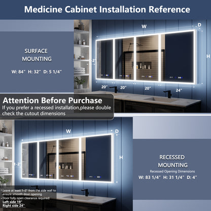 Illusion 84" x 32" LED Lighted Medicine Cabinet with Magnifiers Front and Back Light