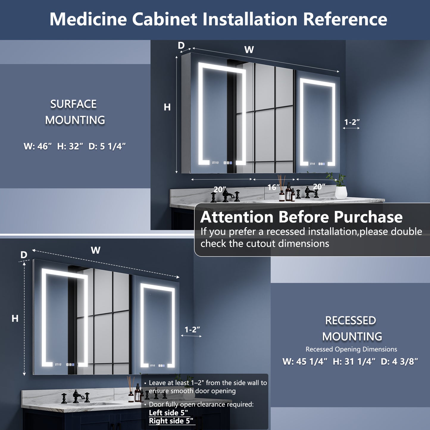 Boost-M2 56" W x 32" H Bathroom Narrow Light Medicine Cabinets with Vanity Mirror Recessed or Surface