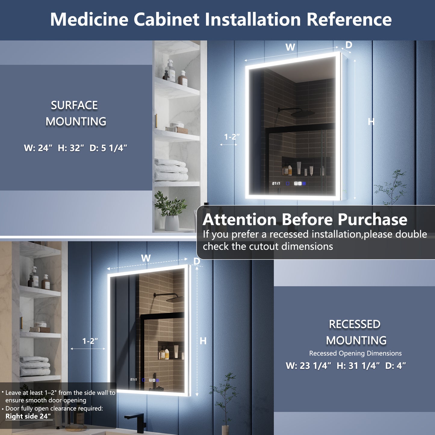 Illusion 24" x 32" LED Lighted Medicine Cabinet with Magnifiers Front and Back Light,Hinge on the Right