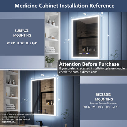 Illusion 24" x 32" LED Lighted Medicine Cabinet with Magnifiers Front and Back Light,Hinge on the Right