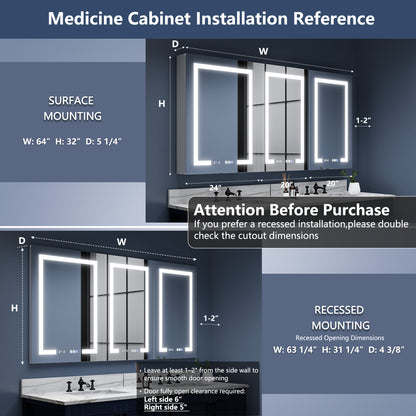 Boost-M2 64" W x 32" H Bathroom Narrow Light Medicine Cabinets with Vanity Mirror Recessed or Surface