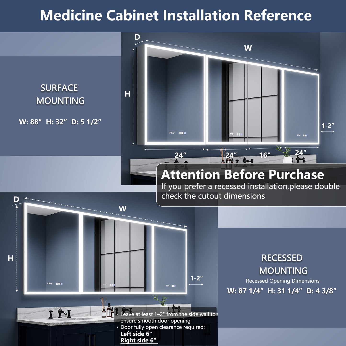 Rim 88" W x 32" H LED Lighted Medicine Cabinet Recessed or Surface with Mirrors