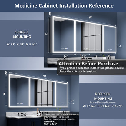 Rim 88" W x 32" H LED Lighted Medicine Cabinet Recessed or Surface with Mirrors