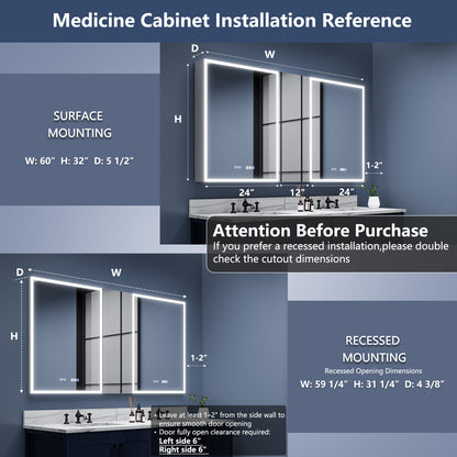 Rim 60" W x 32" H Lighted Medicine Cabinet Recessed or Surface LED Medicine Cabinet with Outlets,USBS