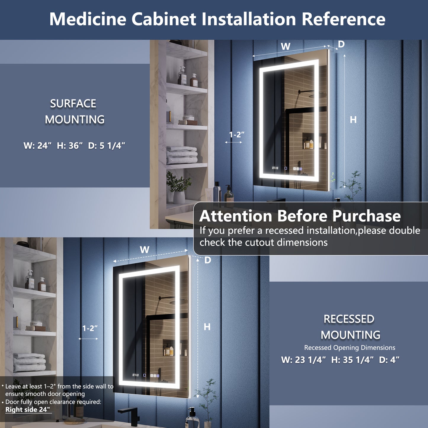 Illusion-B 24" x 36" LED Lighted Inset Mirrored Medicine Cabinet with Magnifiers Front and Back Light, Right Hinge