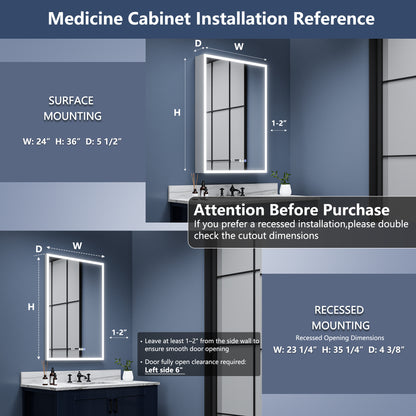 Rim 24" W x 36" H LED Lighted Medicine Cabinet Recessed or Surface with Mirrors, Hinge On The Left