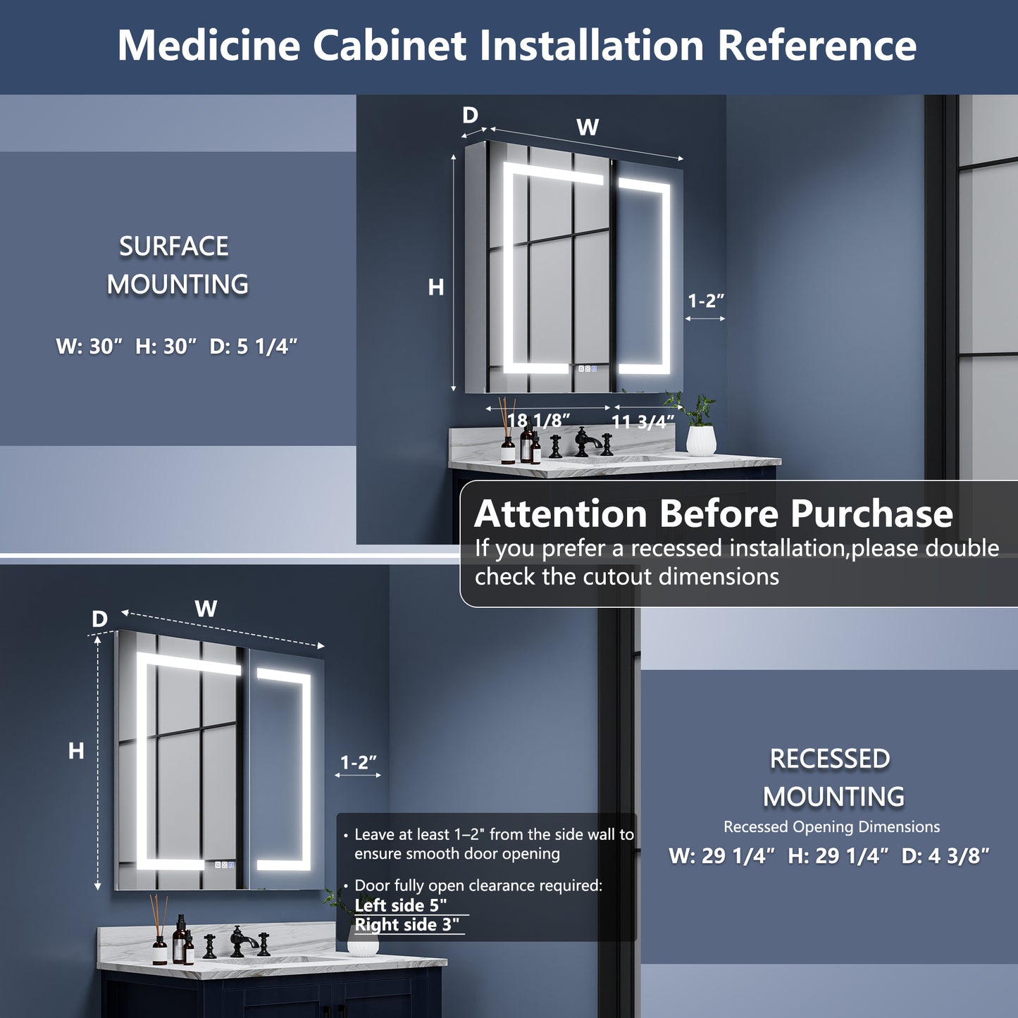 Boost-M1 30" W x 30" H Square Led Lighted Mirror Medicine Cabinet Recessed or Surface Mount,Defog