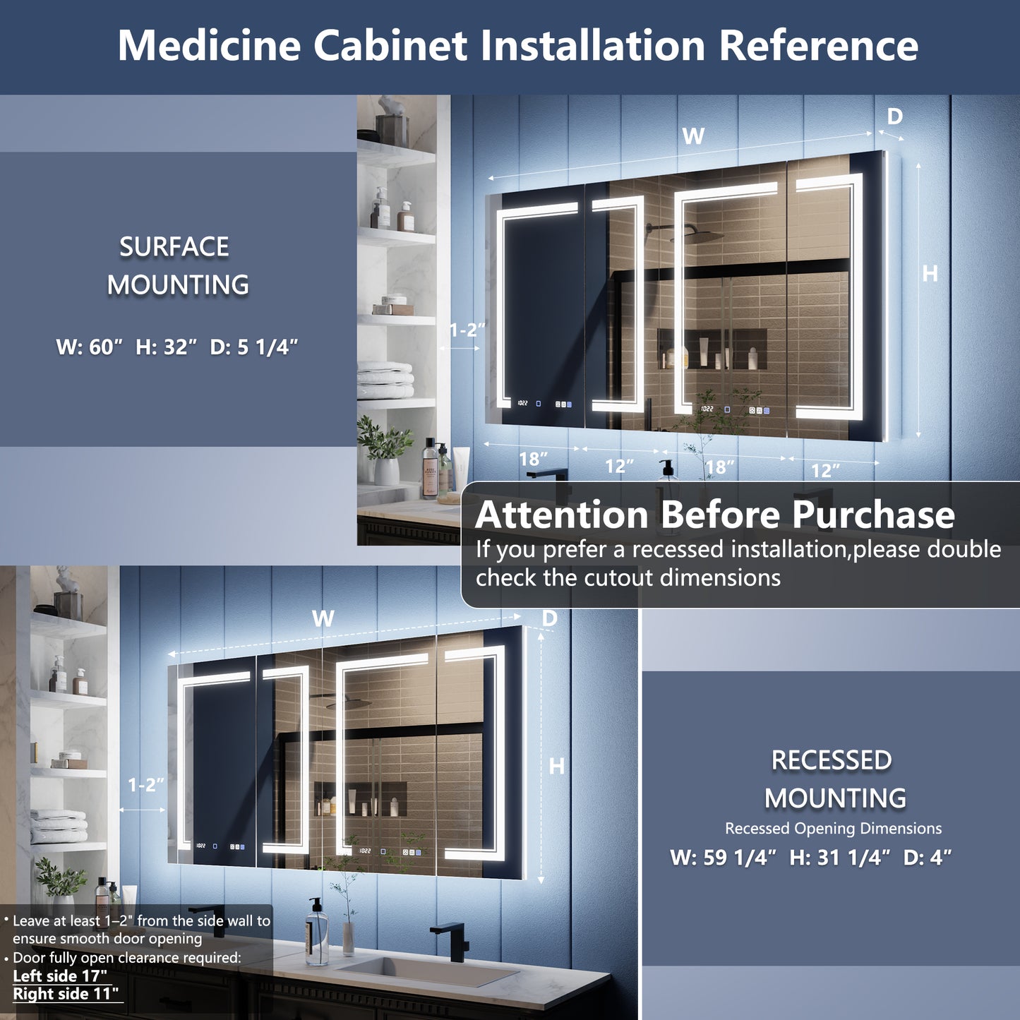 Illusion-B 60" x 32" LED Lighted Inset Mirrored Medicine Cabinet with Magnifiers Front and Back Light