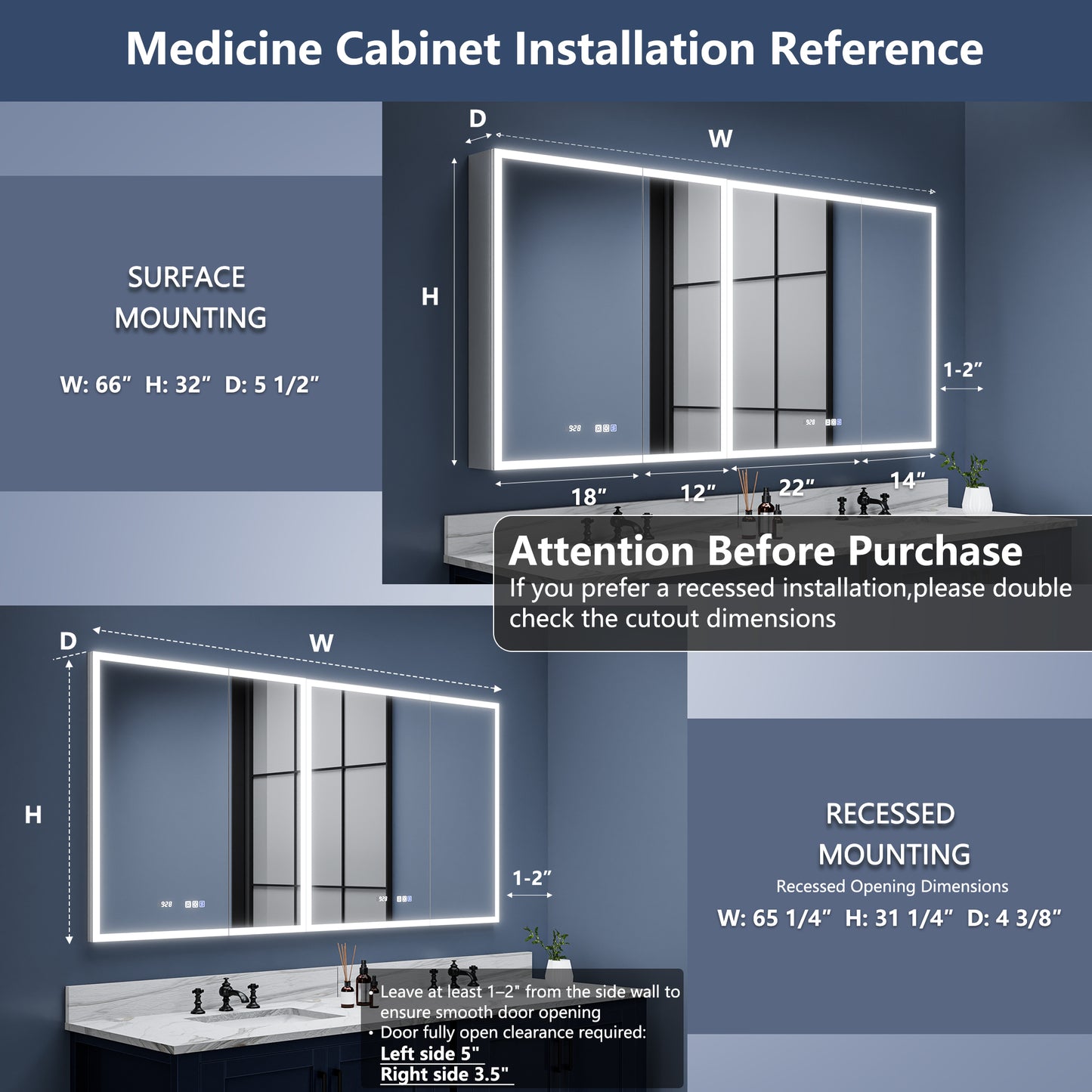 Rim 66" W x 32" H LED Lighted Medicine Cabinet Recessed or Surface with Mirrors