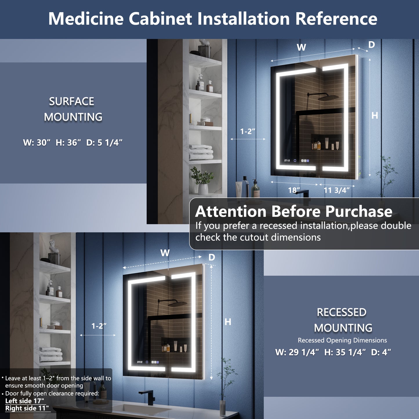 Illusion-B 30" x 36" LED Lighted Inset Mirrored Medicine Cabinet with Magnifiers Front and Back Light