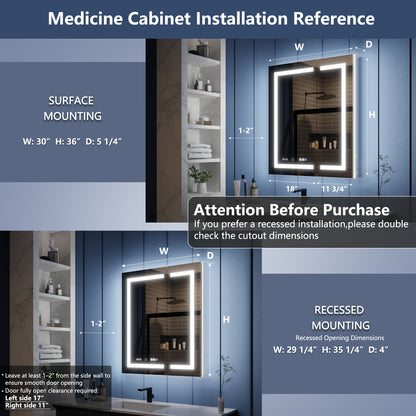Illusion-B 30" x 36" LED Lighted Inset Mirrored Medicine Cabinet with Magnifiers Front and Back Light