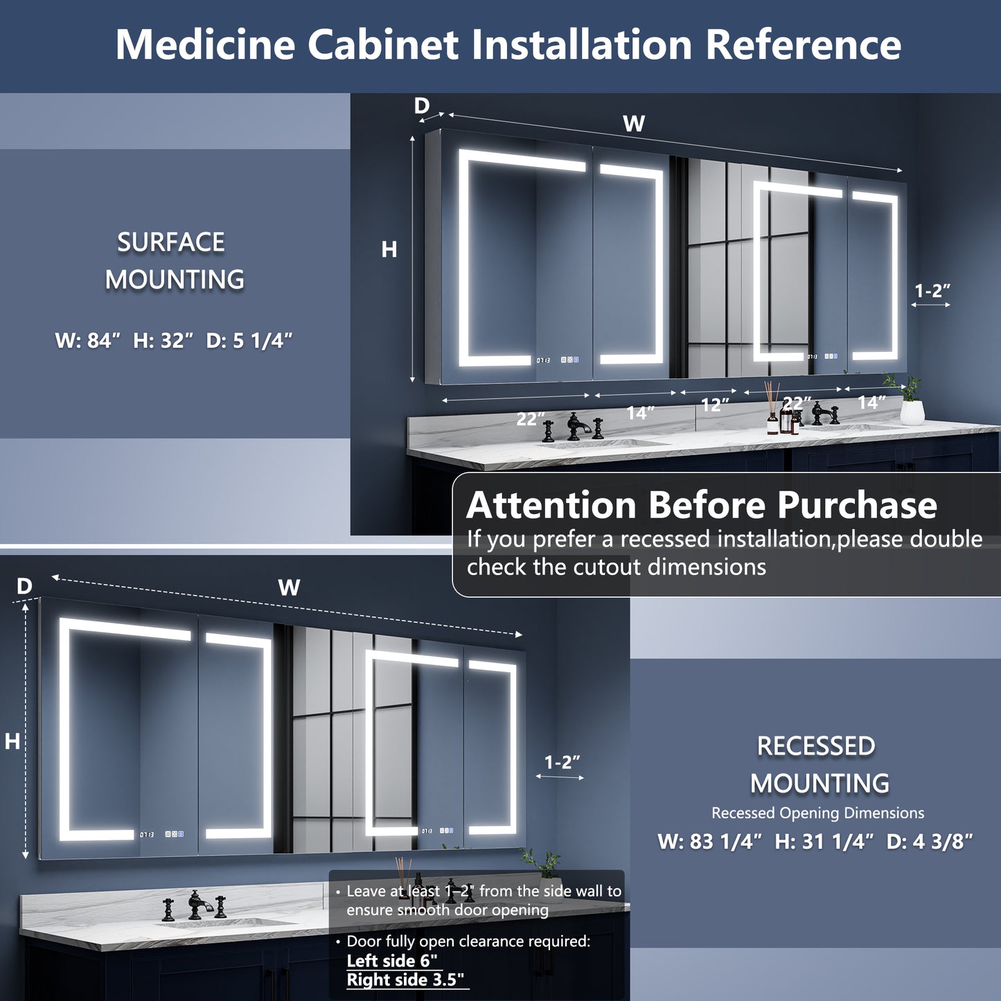 Boost-M2 84" W x 32" H Bathroom Narrow Light Medicine Cabinets with Vanity Mirror Recessed or Surface
