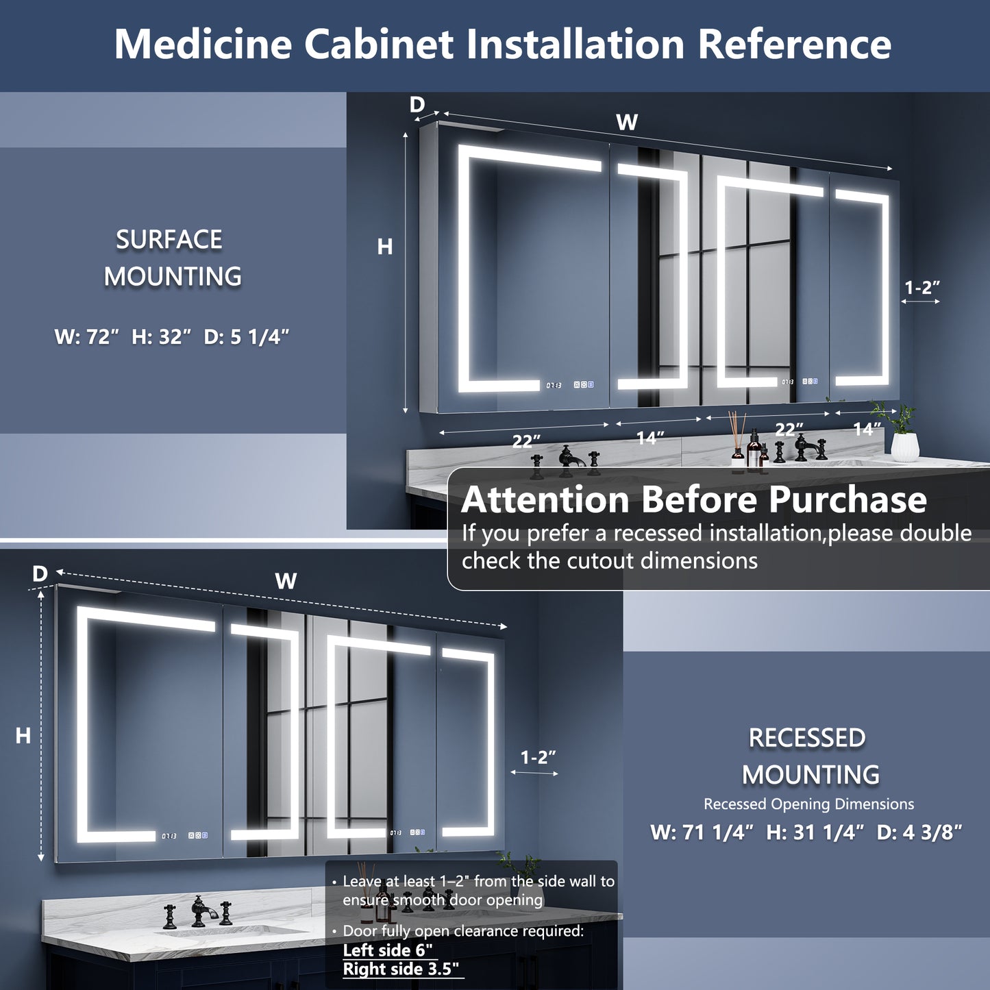 Boost-M2 72" W x 32" H Bathroom Narrow Light Medicine Cabinets with Vanity Mirror Recessed or Surface