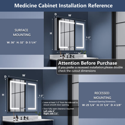 Boost-M2 36" W x 32" H Bathroom Light Medicine Cabinets Recessed or Surface Defogger, Dimmer, Clock，Outlets & USB