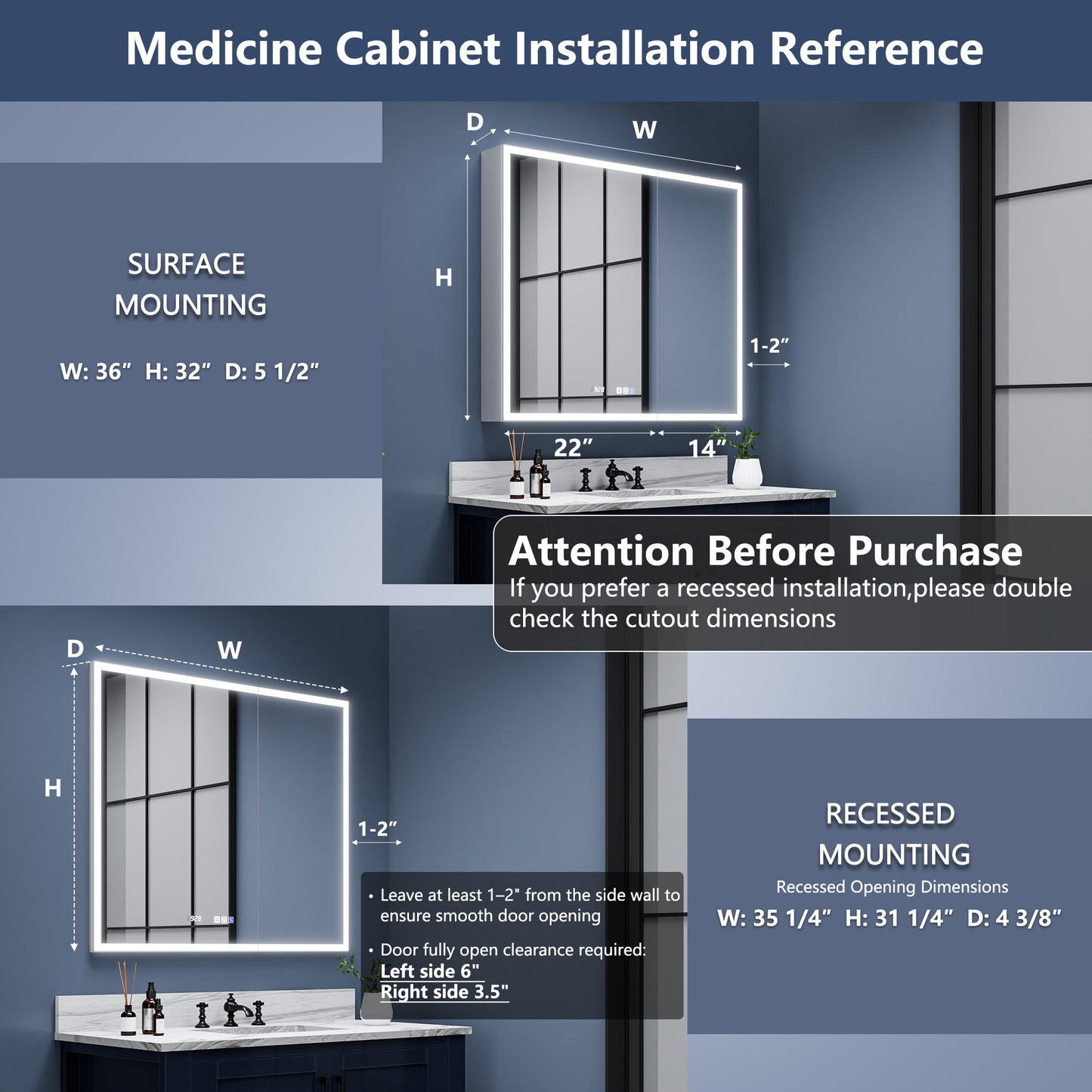 Rim 36" W x 32" H LED Lighted Medicine Cabinet Recessed or Surface with Clock
