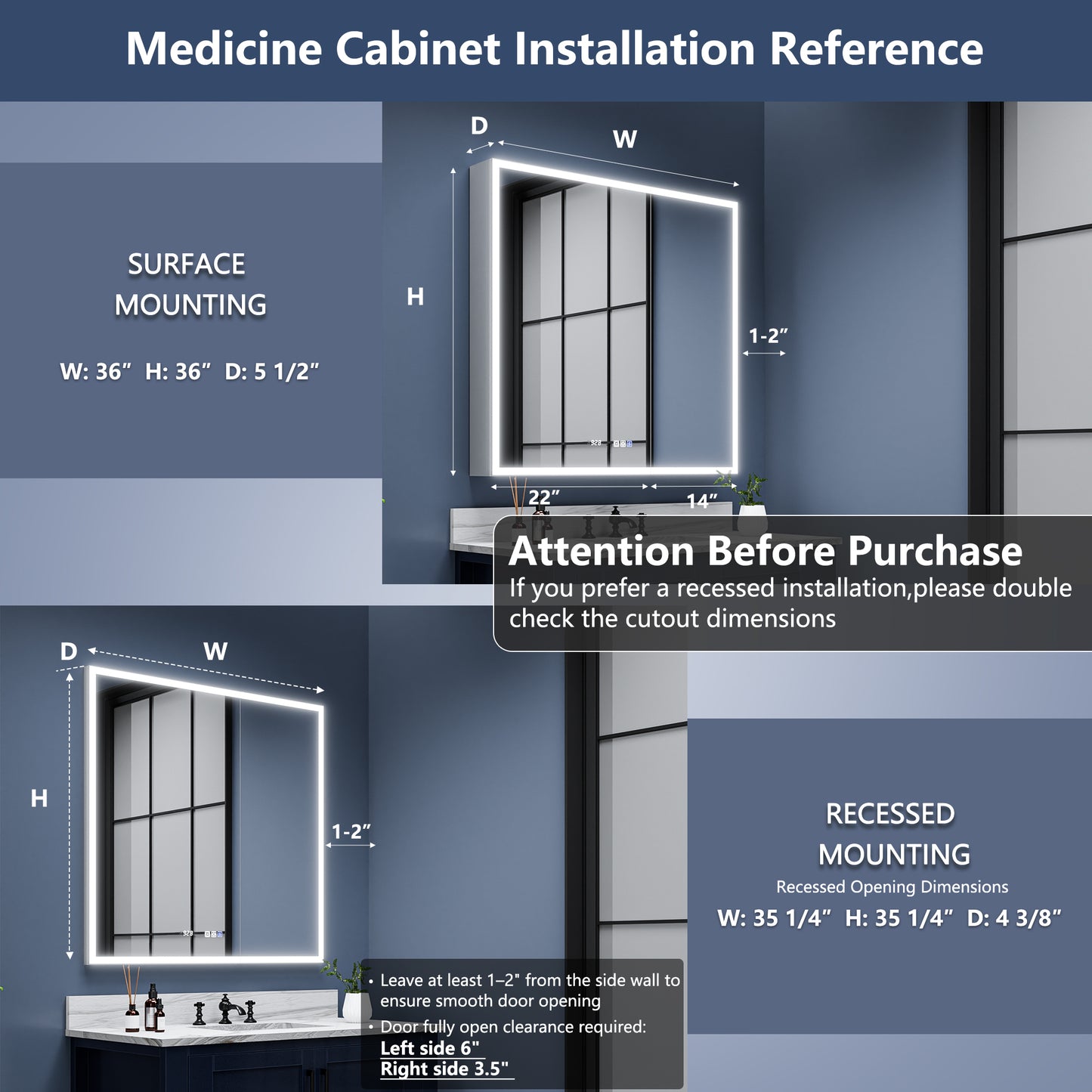 Rim 36" W x 36" H Lighted Medicine Cabinet Recessed or Surface LED Medicine Cabinet with Outlets & USBs