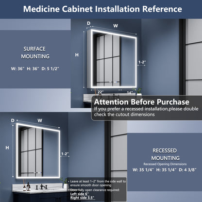 Rim 36" W x 36" H Lighted Medicine Cabinet Recessed or Surface LED Medicine Cabinet with Outlets & USBs