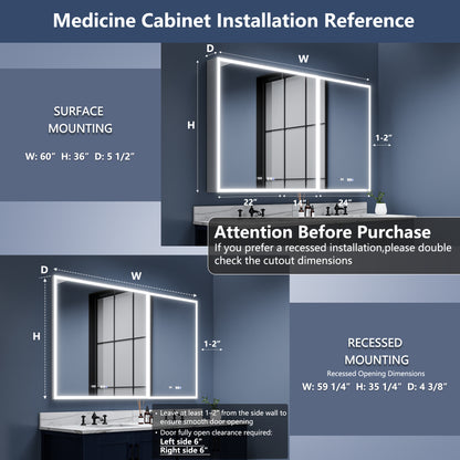 Rim 60" W x 36" H LED Lighted Medicine Cabinet Recessed or Surface with Mirrors and Clock