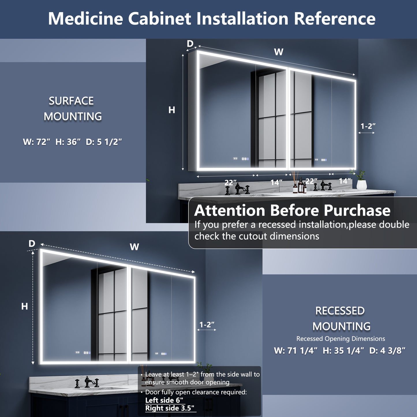 Rim 72" W x 36" H LED Lighted Medicine Cabinet Recessed or Surface with Mirrors,For Bathroom Livingroom