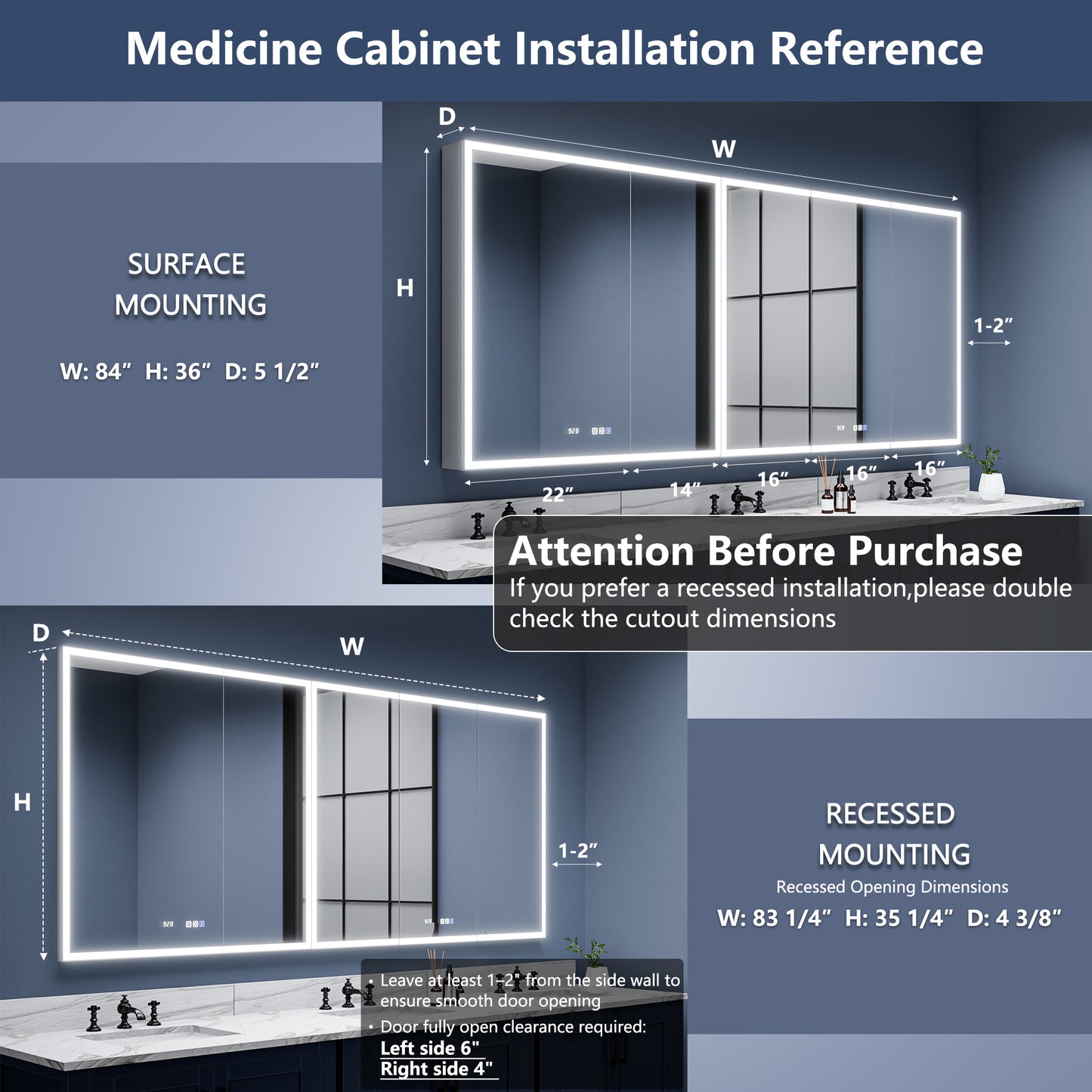 Rim 84" W x 36" H LED Lighted Medicine Cabinet Recessed or Surface with Mirrors,36-48