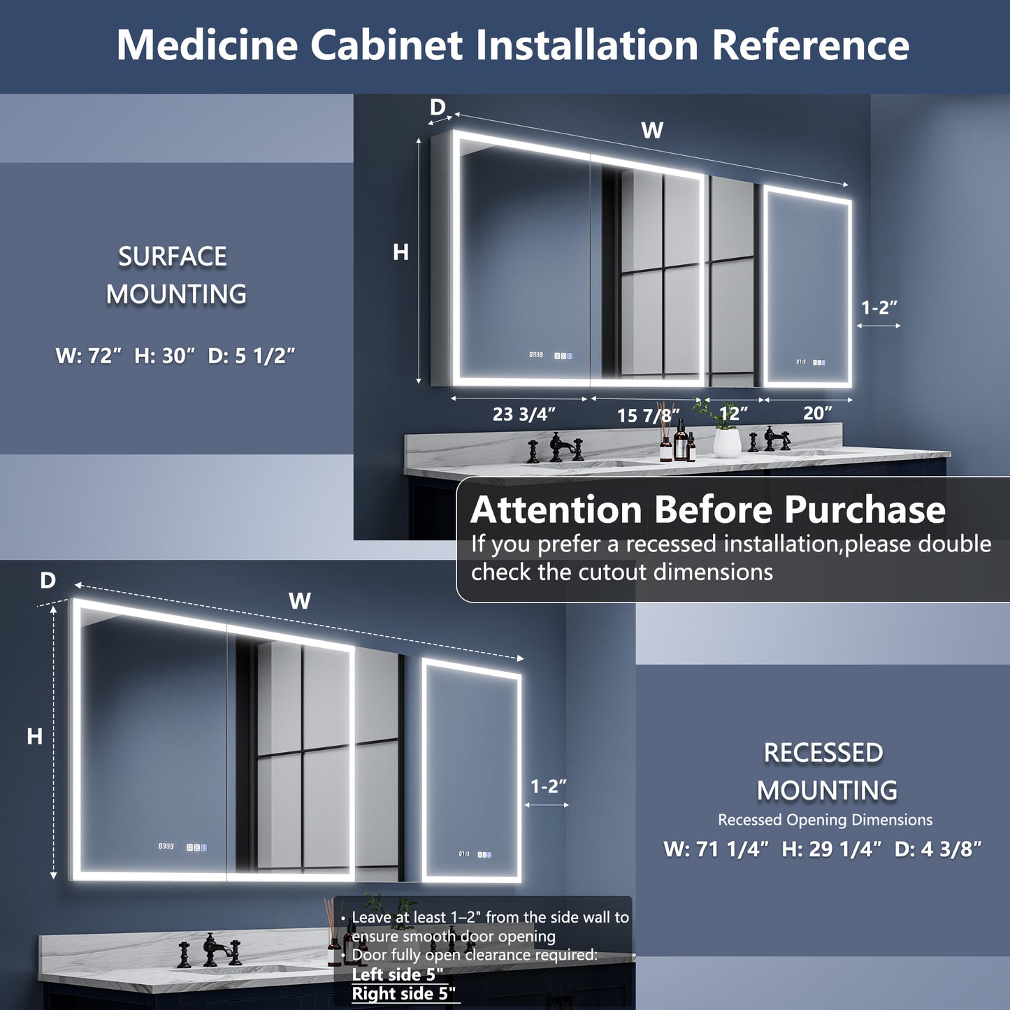 Rim 72" W x 30" H LED Lighted Big Medicine Cabinet Recessed or Surface with Mirrors and Clock