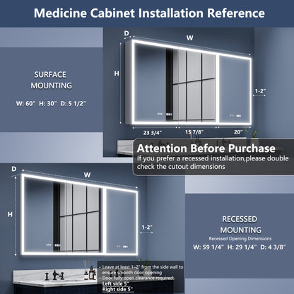 Rim 60" W x 30" H LED Lighted Medicine Cabinet Recessed or Surface with Mirrors and Clock