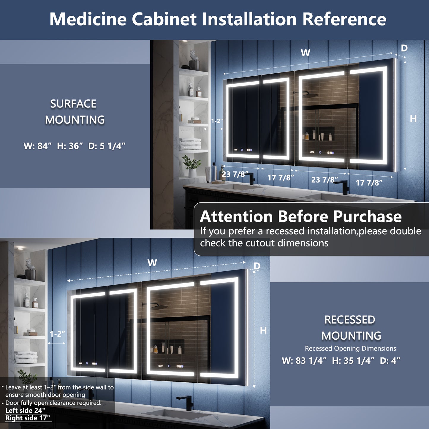 Illusion-B 84" x 36" LED Lighted Inset Mirrored Medicine Cabinet with Magnifiers Front and Back Light