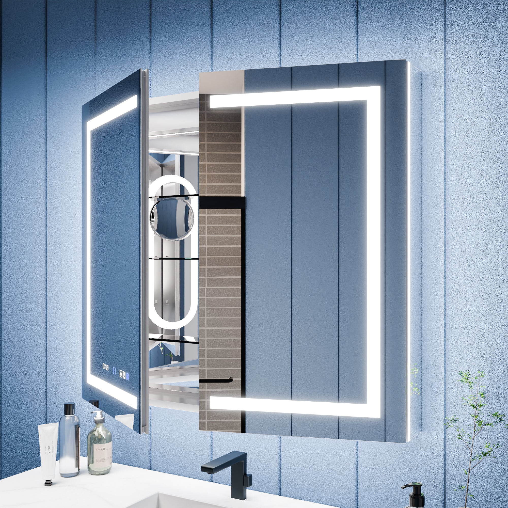 Illusion-B 42" x 36" LED Lighted Inset Mirrored Medicine Cabinet with – ExBriteUSA