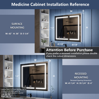 Illusion-B 42" x 36" LED Lighted Inset Mirrored Medicine Cabinet with Magnifiers Front and Back Light