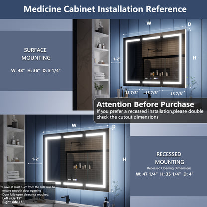 Illusion-B 48" x 36" LED Lighted Inset Mirrored Medicine Cabinet with Magnifiers Front and Back Light