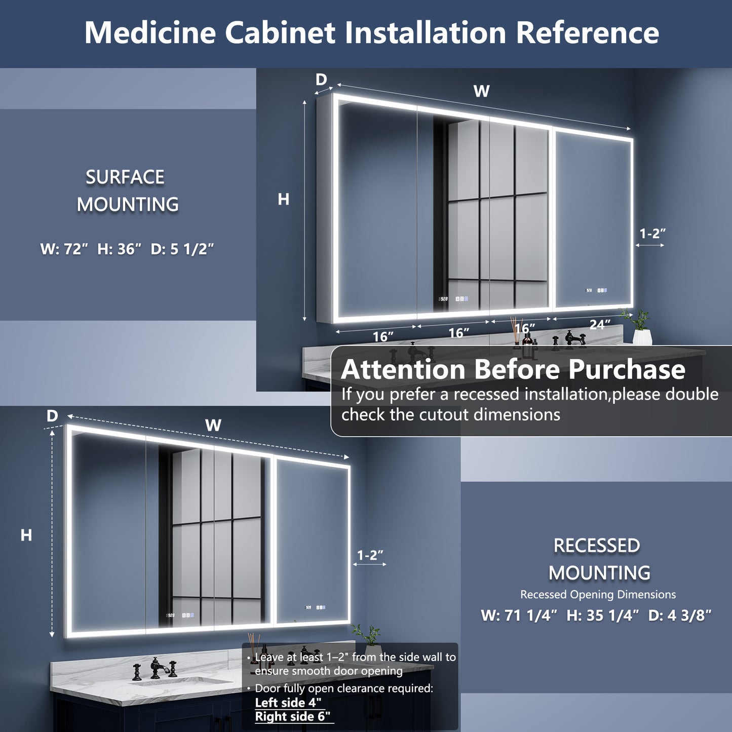 Rim 72" W x 36" H LED Lighted Medicine Cabinet Recessed or Surface with Mirrors,For Bathroom