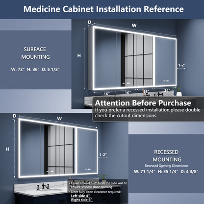 Rim 72" W x 36" H LED Lighted Medicine Cabinet Recessed or Surface with Mirrors,For Bathroom