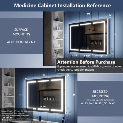 Illusion-B 54" x 36" LED Lighted Inset Mirrored Medicine Cabinet with Magnifiers Front and Back Light