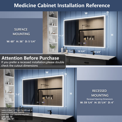 Illusion 60" x 36" LED Lighted Medicine Cabinet with Magnifiers Front and Back Light