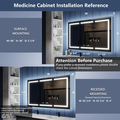 Illusion-B 66" x 36" LED Lighted Inset Mirrored Medicine Cabinet with Magnifiers Front and Back Light