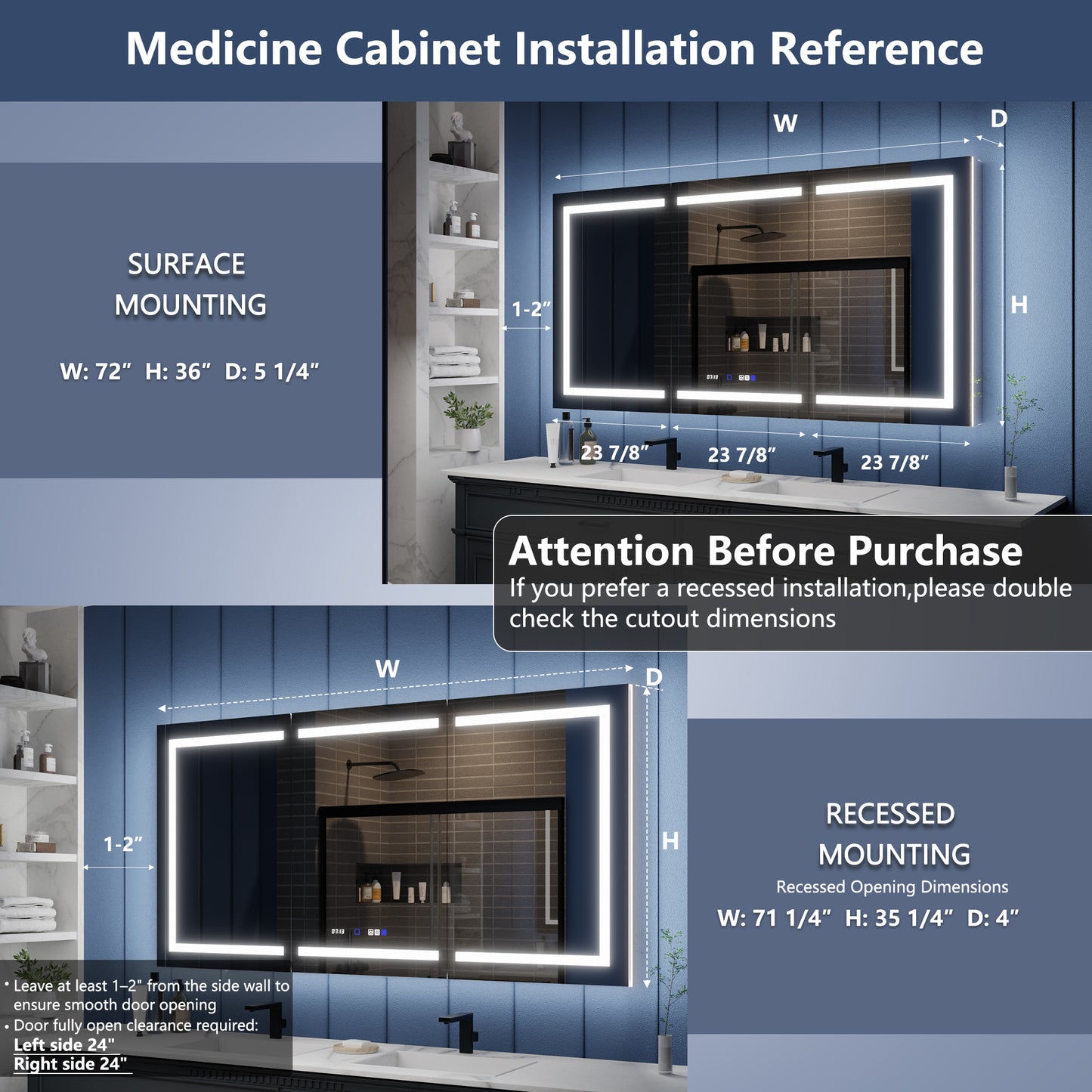 Illusion-B 72" x 36" LED Lighted Inset Mirrored Medicine Cabinet with Magnifiers Front and Back Light