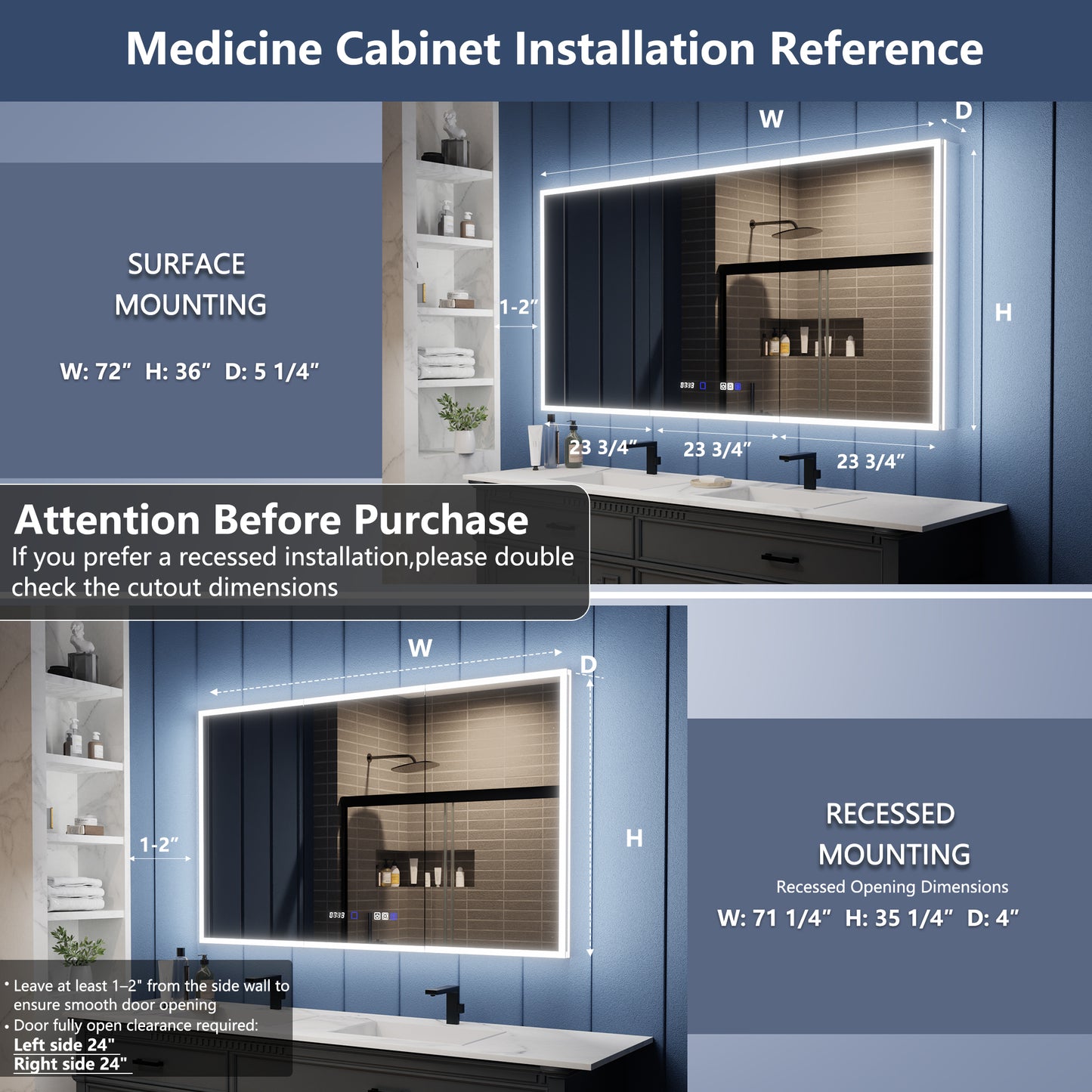 Illusion 72" x 36" LED Lighted Medicine Cabinet with Magnifiers Front and Back Light