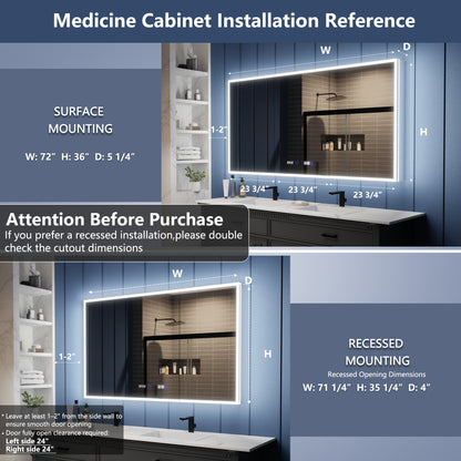 Illusion 72" x 36" LED Lighted Medicine Cabinet with Magnifiers Front and Back Light