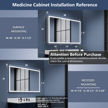 Rim 48" W x 30" H LED Lighted Medicine Cabinet Recessed or Surface with Clock and mirrors