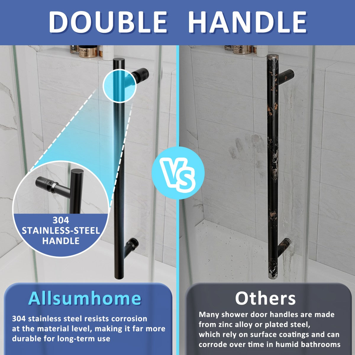 Comparison of Allsumhome shower door handle with other handles in a bathroom setting.