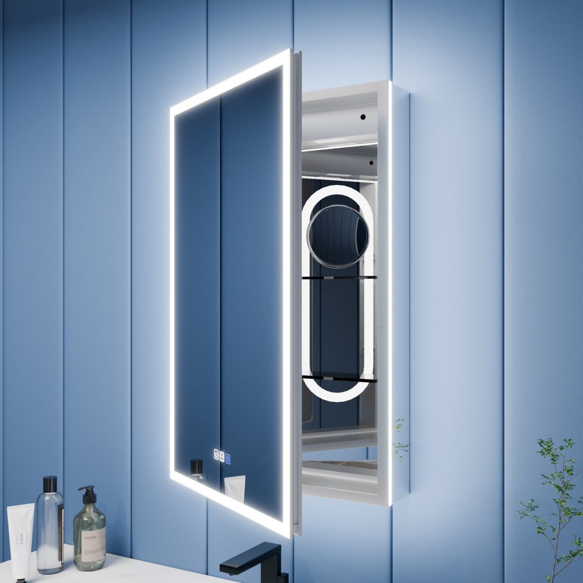 Illusion 20" x 32" LED Surface or Recessed Medicine Cabinet with Magnifiers Front and Back Light,Hinge on the Left